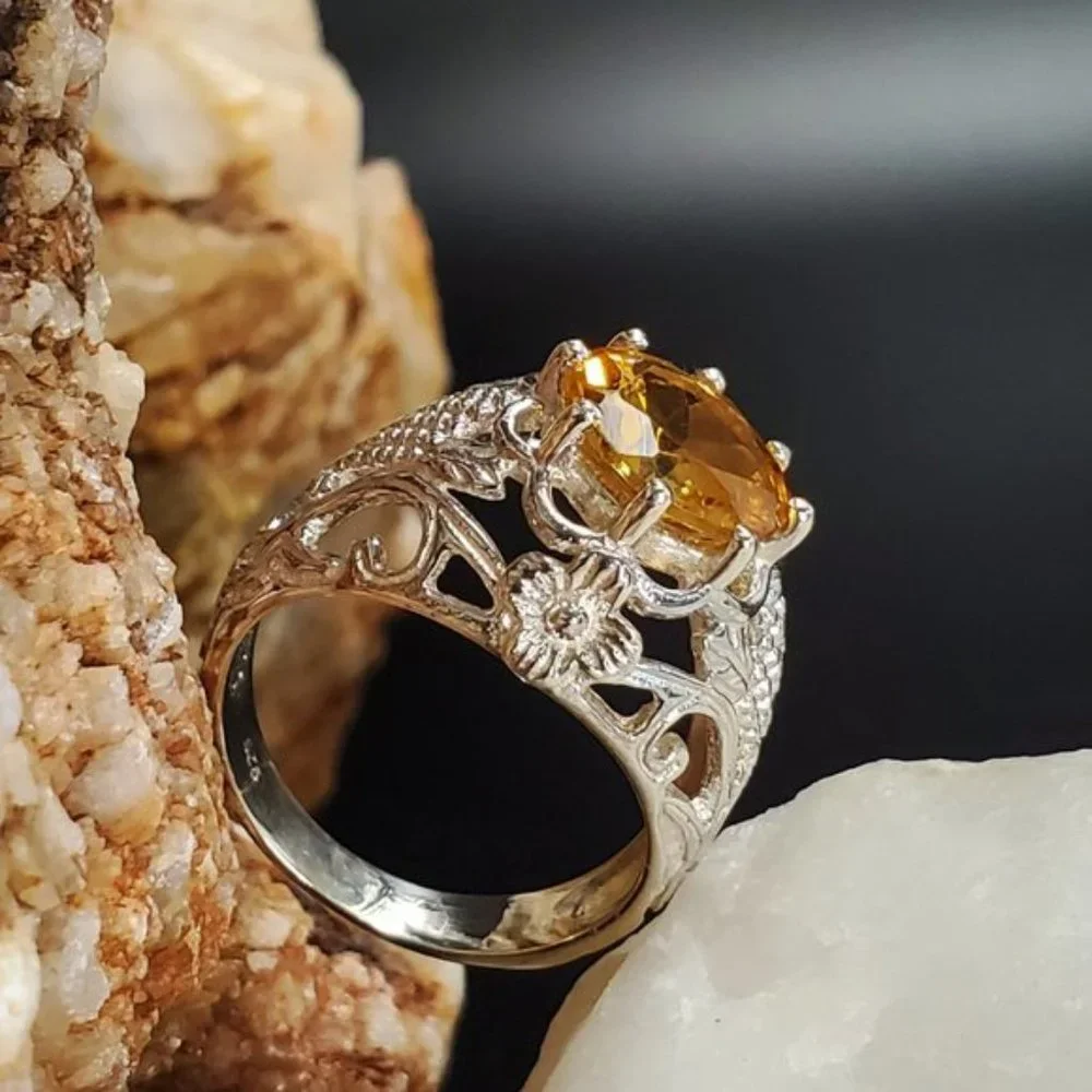 Sterling 925 Silver Ring Natural Citrine Gem Luxury Gift for Woman